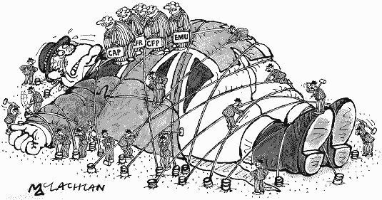 Cartoon: John Bull as Gulliver pinned down by dozens of Lilliputian Eurocrats