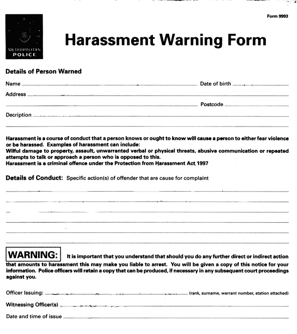 Police Harassment Warning Form